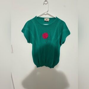 Vintage Green Knit Top with Rose Embroidery